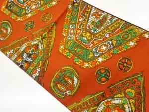 菱に抽象鳥・花葉模様織出し名古屋帯